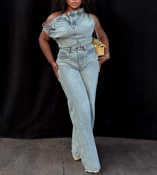 Denim tube top suit