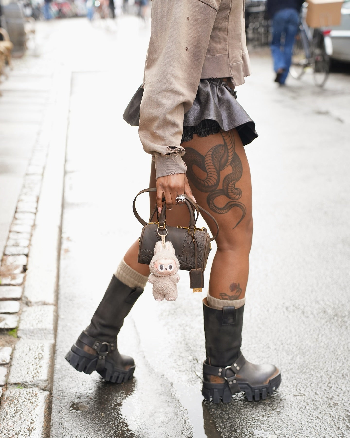 Brown sweatshirt leather skirt