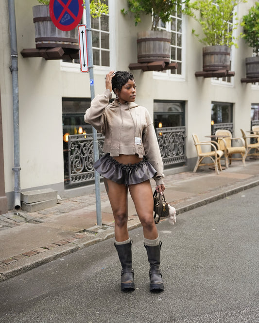Brown sweatshirt leather skirt